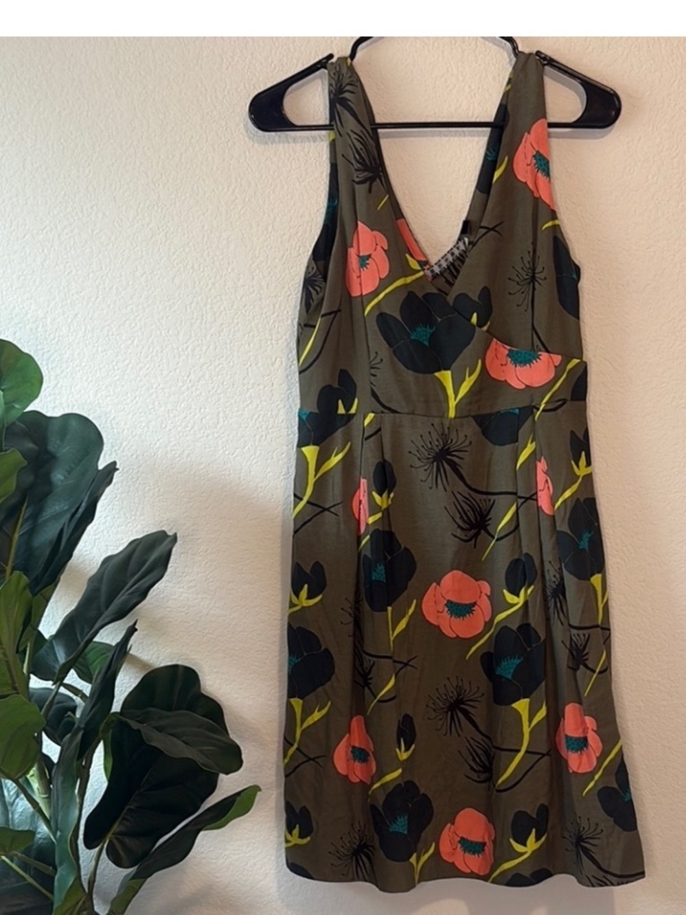 Anthropologie Olive Floral V-Neck Mini Dress with Coral and Black Blooms